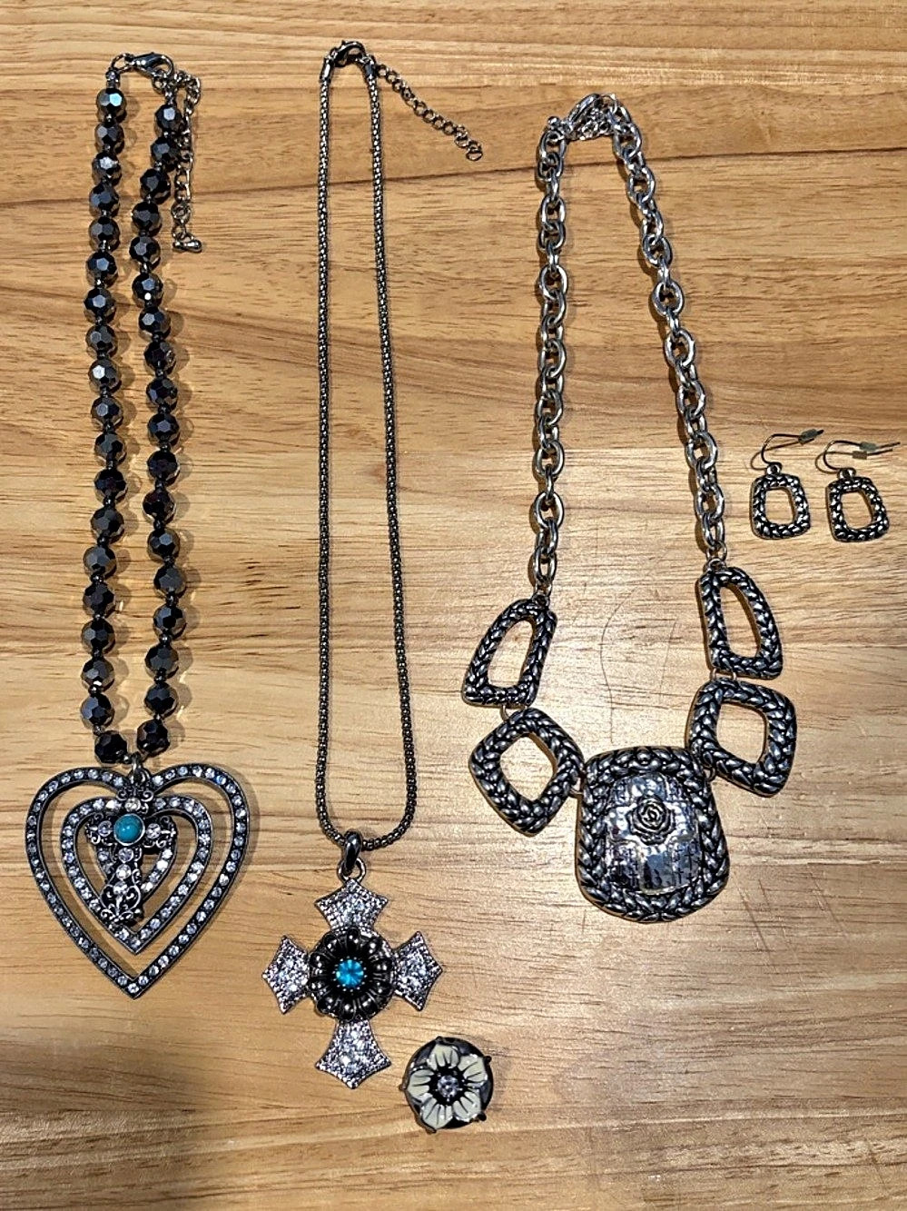 Statement Jewelry Set in Silver tone-3 necklaces and one pair of earrings